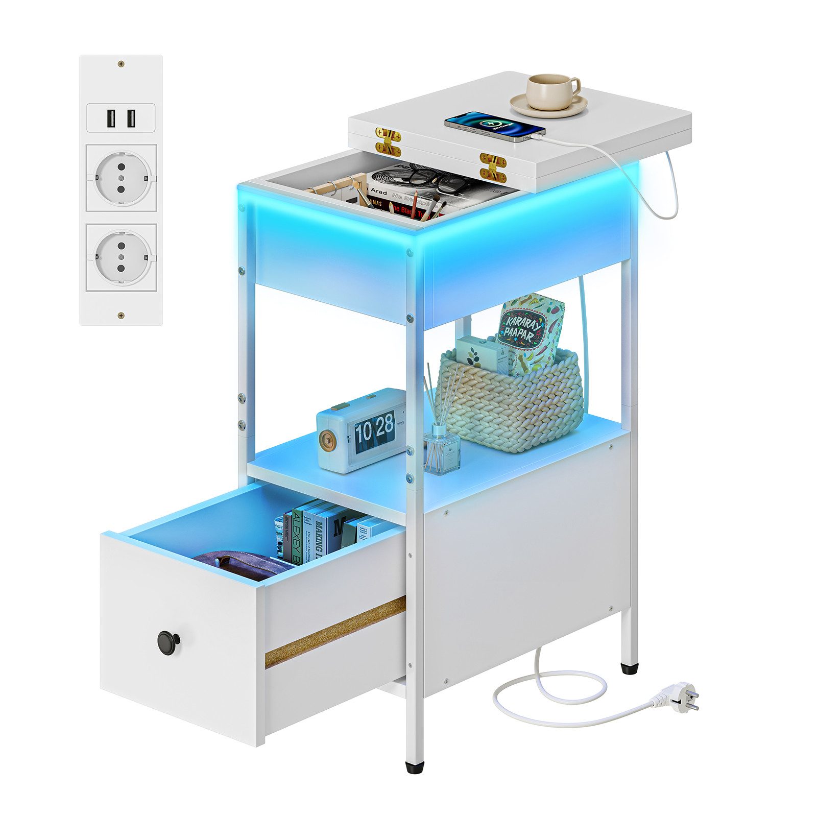 YOLEO Nachttisch Beistelltisch mit Steckdosen, LED Nachttisch mit Schublade günstig online kaufen