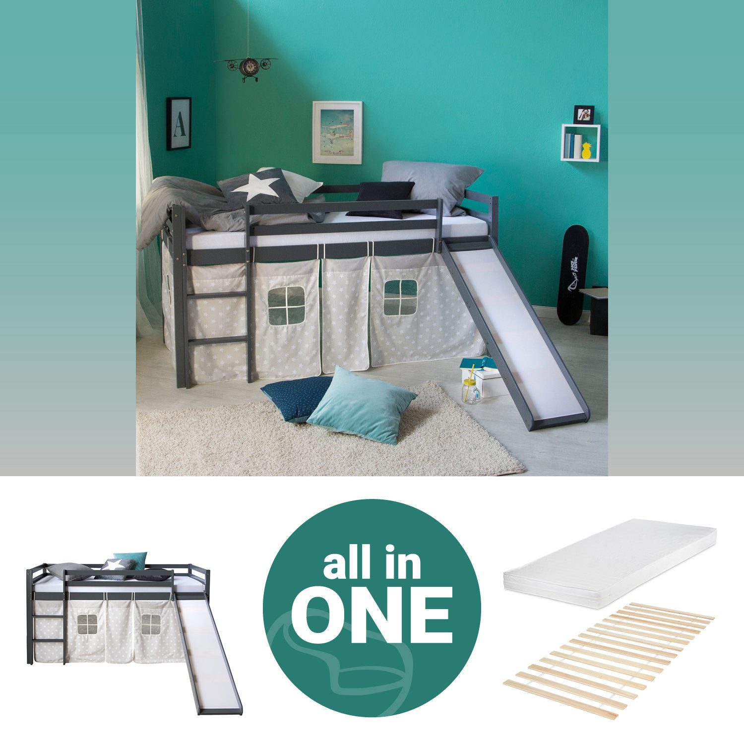 Homestyle4u Kinderhochbett 90x200 Grau mit Lattenrost Rutsche Matratze 2785 günstig online kaufen