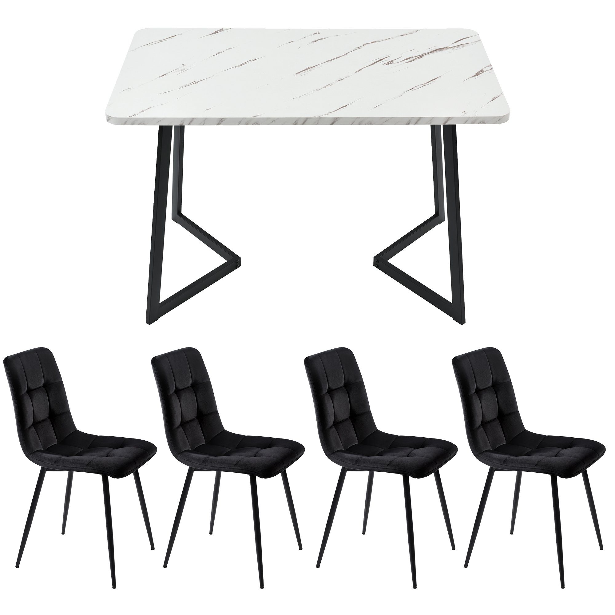 Flieks Essgruppe, (5-tlg., mit Metallbeine und MDF Platte), Esstisch 117*68*75cm mit 4er Set Samt Esszimmerstuhl