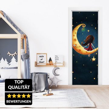 wandmotiv24 Türtapete Mädchen sitzt auf Mond, Nacht, Sterne, glatt, Fototapete, Wandtapete, Motivtapete, matt, selbstklebende Dekorfolie