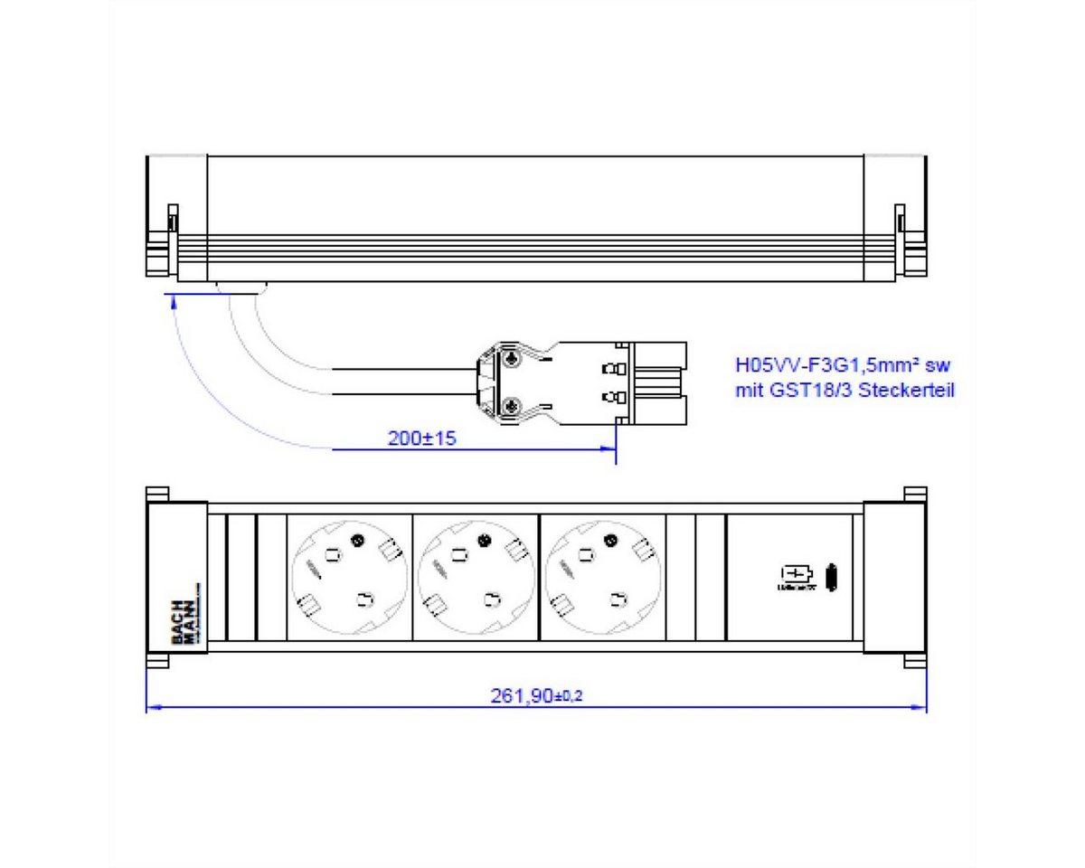 Thumbnail - Bachmann POWER FRAME M 3xCEE7/3 Einbau-Tischsteckdosenleiste (Kabellänge 0.2 m), 1xUSB C 30W 0,2m GST18