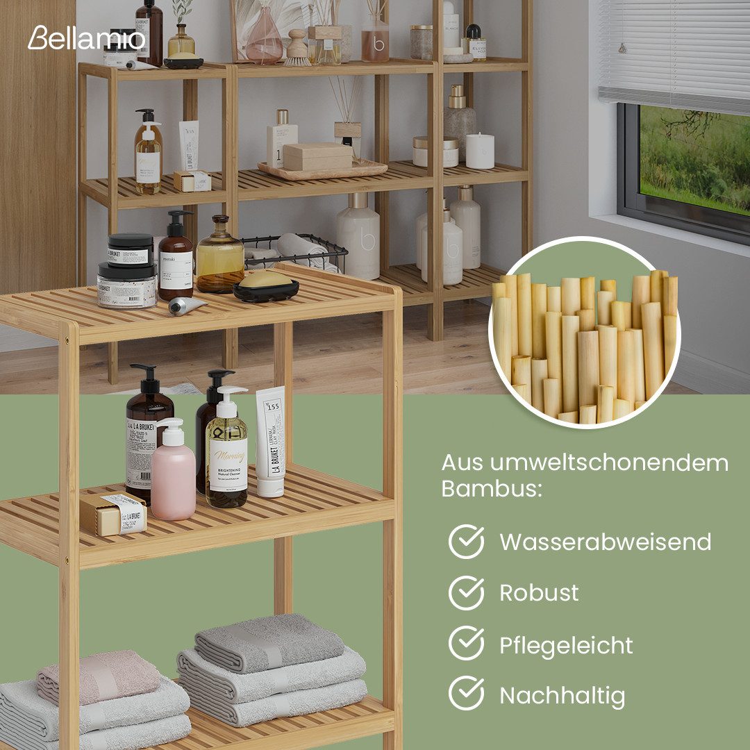 Bellamio Badregal Newa aus Bambus, Badezimmerregal mit Ablage, lackiert, 3 Ebenen, natürliches Standregal lackiert, verfügbar mit 3 oder 5 Ablageflächen