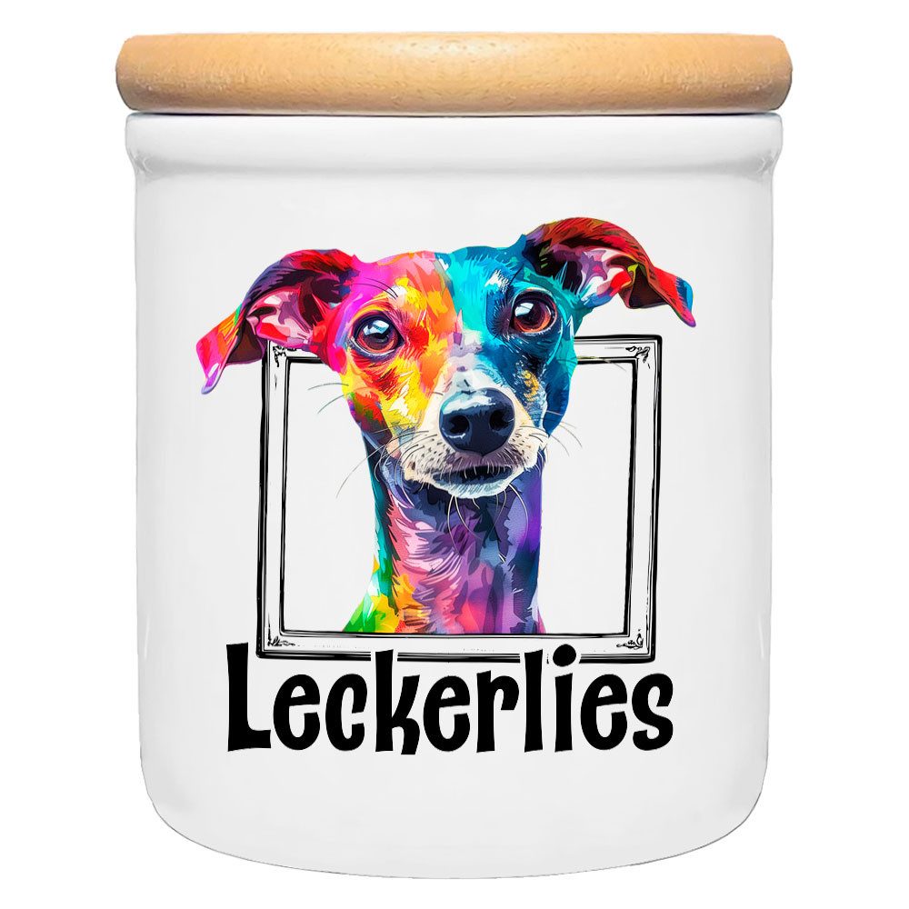 Cadouri Vorratsdose WHIPPET - Leckerlidose Hund - für Hundekekse, Keramik, (Leckerlidose mit Hunderasse, 2-tlg., 1x Keramikdose mit Holzdeckel), Hundekeksdose, handgefertigt in Deutschland, für Hundebesitzer, 400 ml