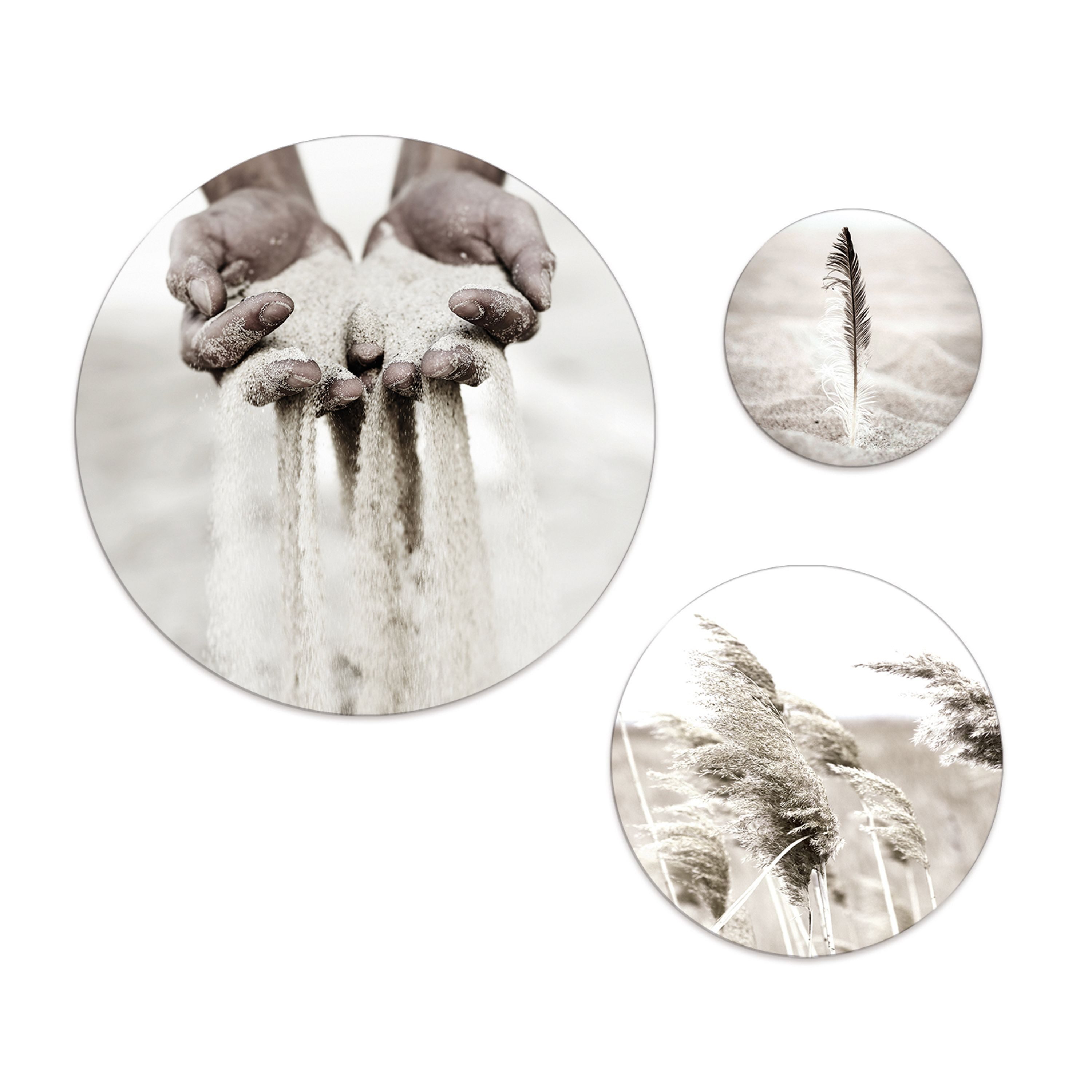 artissimo Mehrteilige Bilder Bilder-Set 3-teilig 55/40/25 cm runde Wandbilder - Wanddeko in creme, Boho-Style: Foto Hände / Strand / Gräser