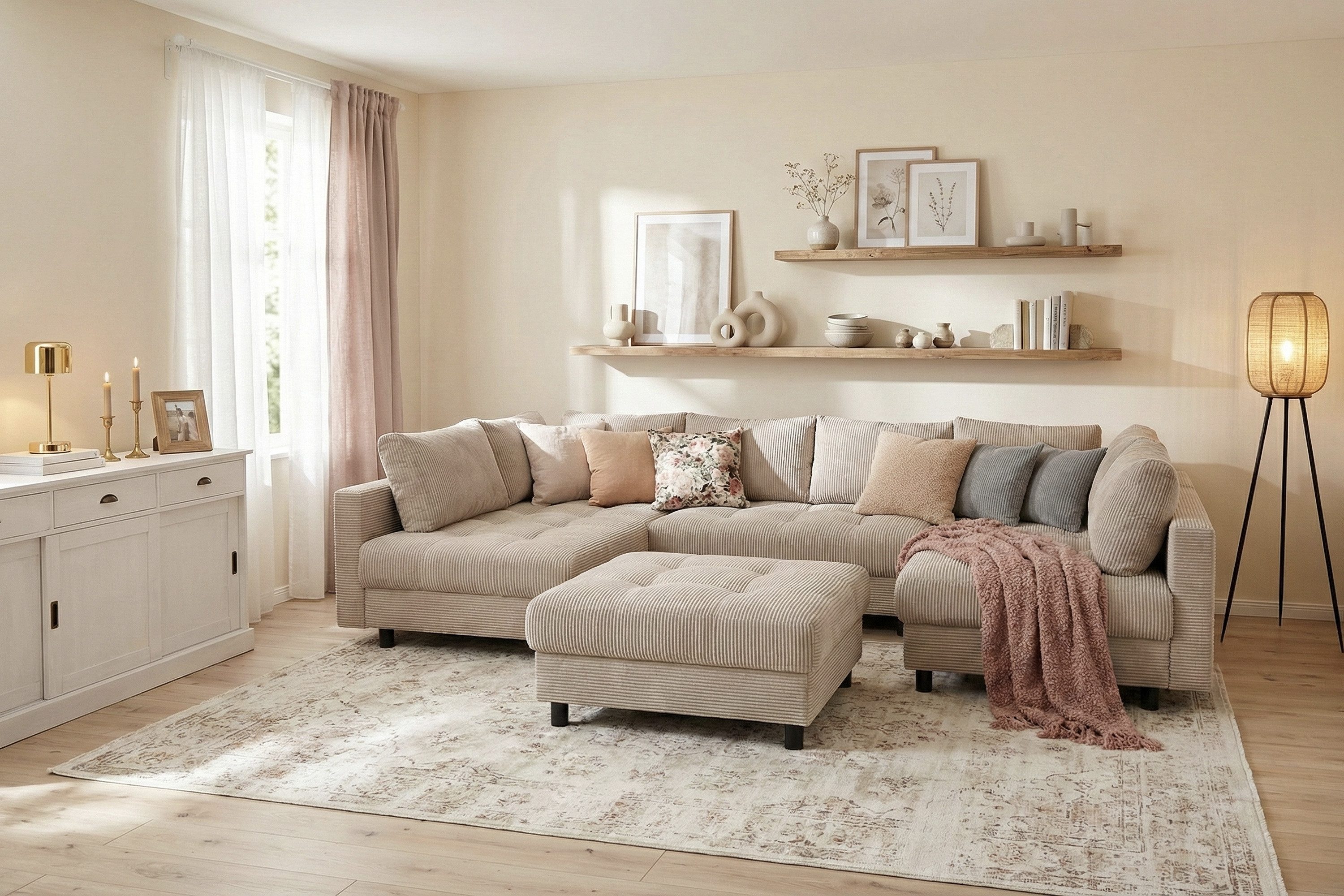 COLLECTION AB Wohnlandschaft Toni U-Form, B: 298 cm, XXL-Liegefläche 282x178 cm mit Hocker, Set: Sofa & Hocker, 3 Zierkissen, Federkern