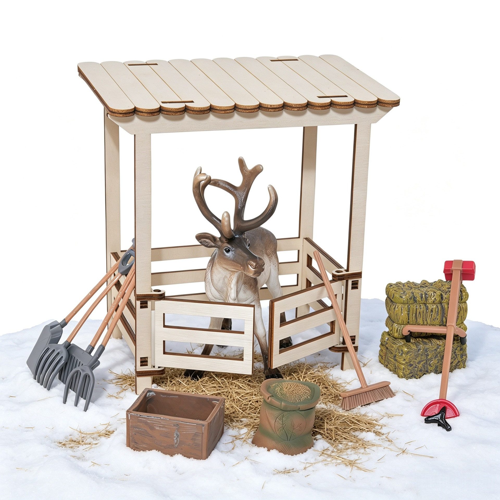 Bomiclss Dekofigur Wichteltür Zubehör 11-tlg. Set (Mit Rentier, Futterkrippe, Heuballen und Gartenwerkzeug, 11 St), Miniatur Wichtel Deko …