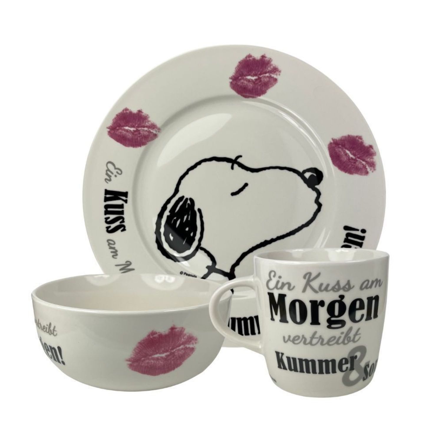 United Labels® Geschirr-Set Snoopy Ein Kuss am Morgen Geschirrset mit Teller Tasse und Schüssel