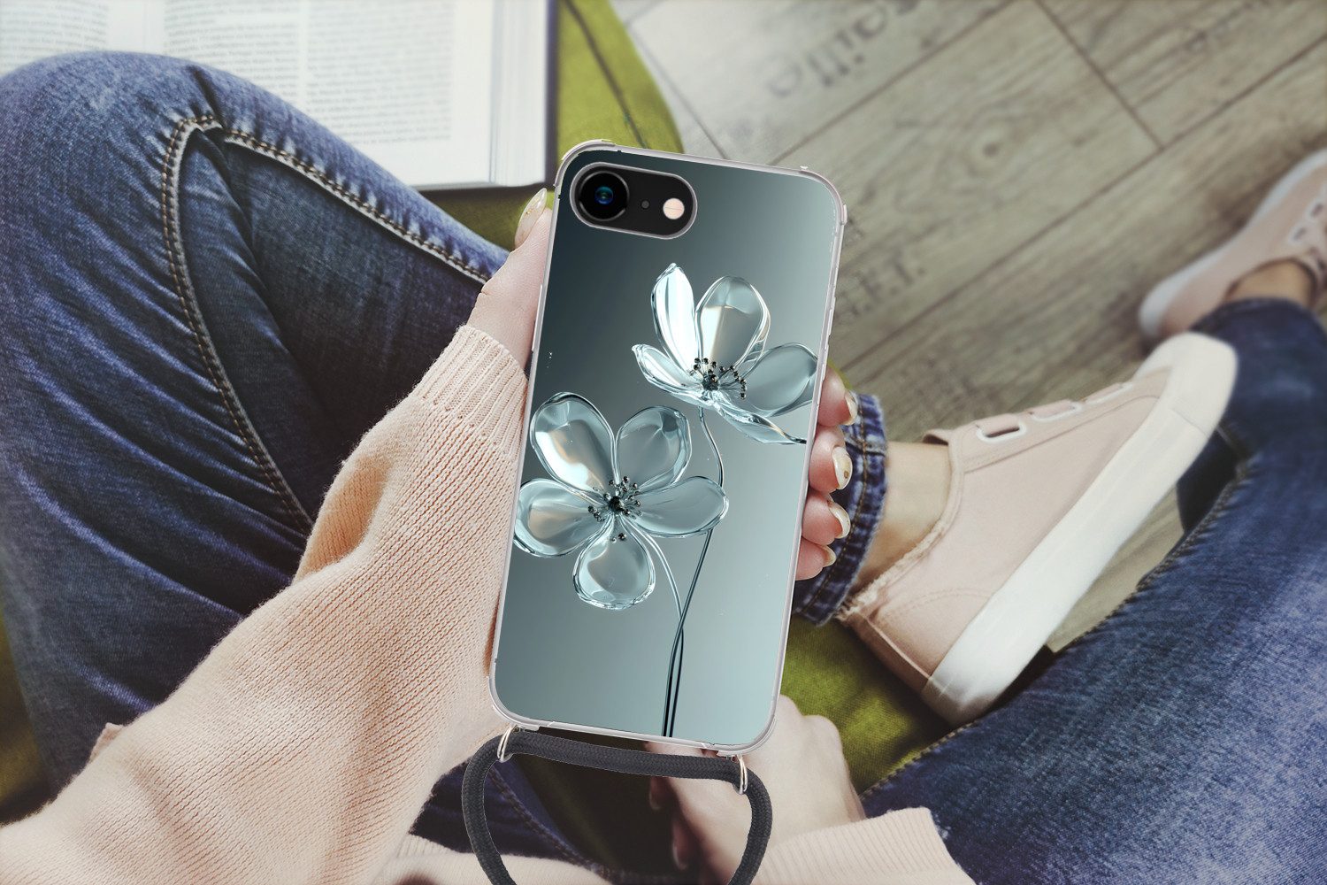 MuchoWow Handyhülle für Apple iPhone 7 Kristall - Blumen - Grau, Tragbare Handyhüllen mit Kette zum umhängen, Handykette Handyband