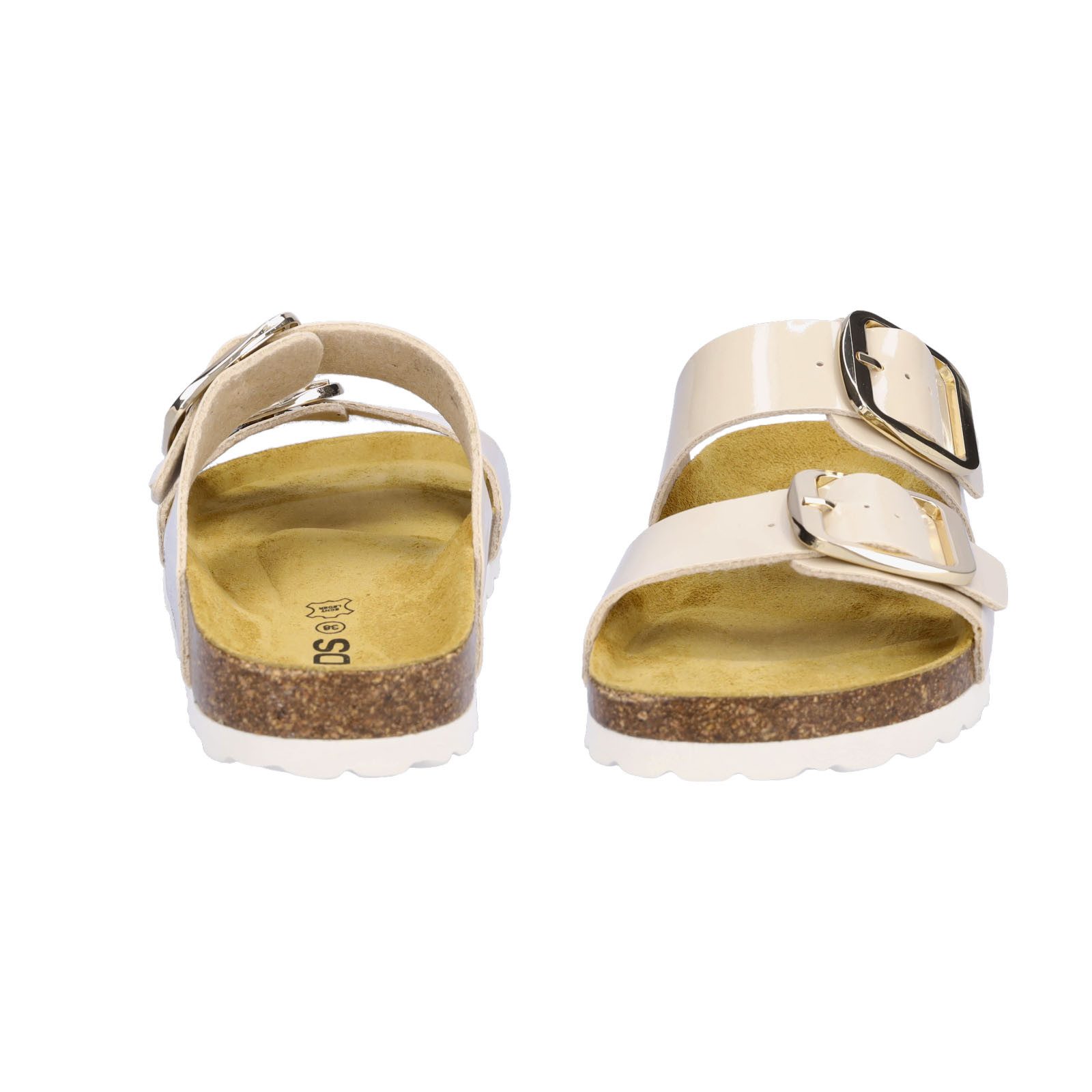 MIDS MIMI Damen Pantolette beige, Zweiriemer in Lackoptik mit großer Schnalle und Lederfußbett