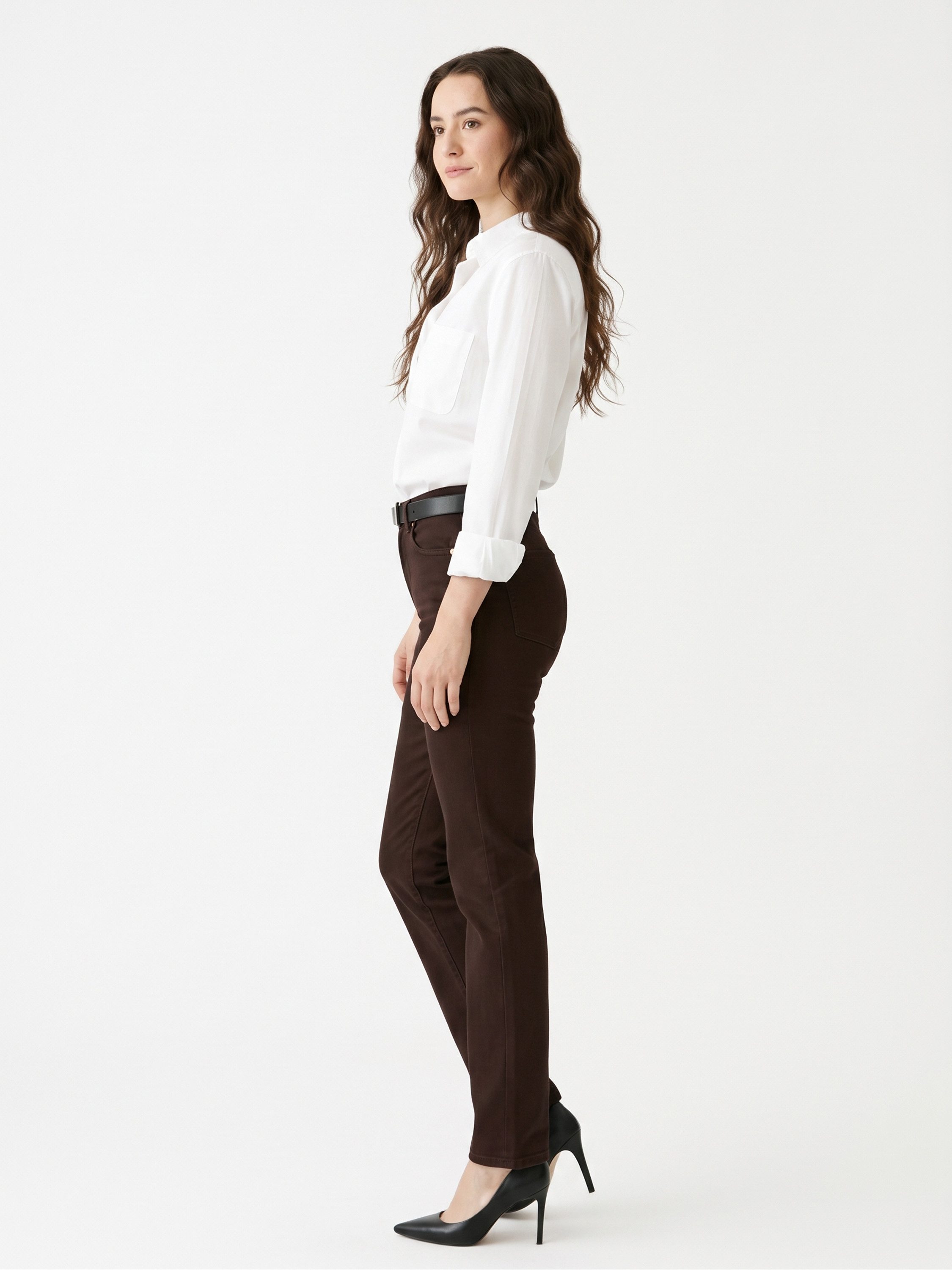 ESRA Stoffhose Stretch Hose Damen Regular Stoff-Hose Damen Elegant Hose elastisch Straight Damen Hose Elegant Business Hose Braun Stoffhose High Waist – Bild 3 von 5