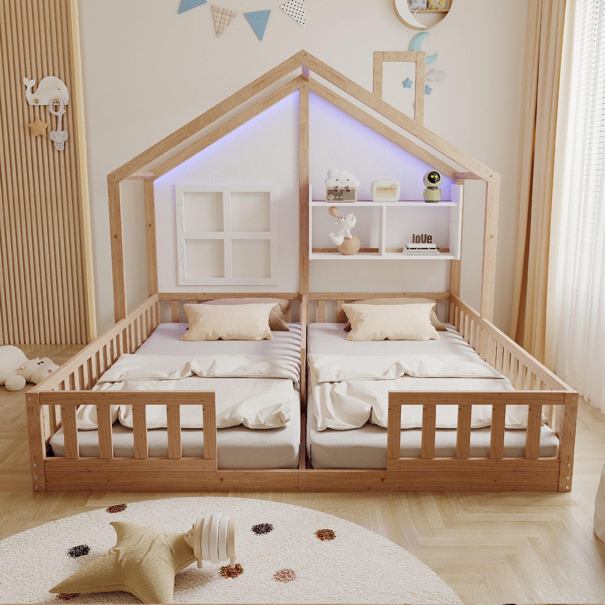 Merax Kinderbett 90×200cm Bodenbett mit LED-Licht, Jugendbett im Hausdesign günstig online kaufen