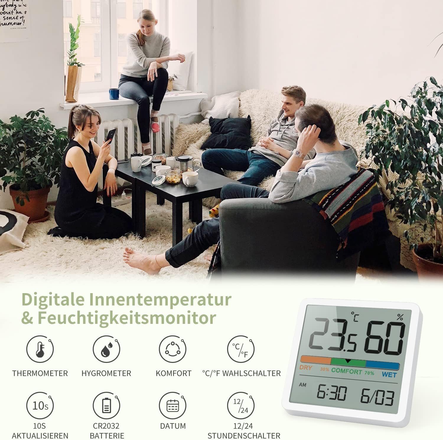 Messgerät Innentemperatur Luftfeuchtigkeit, Digitales und Hygrometer MOUTEN (1-St) für
