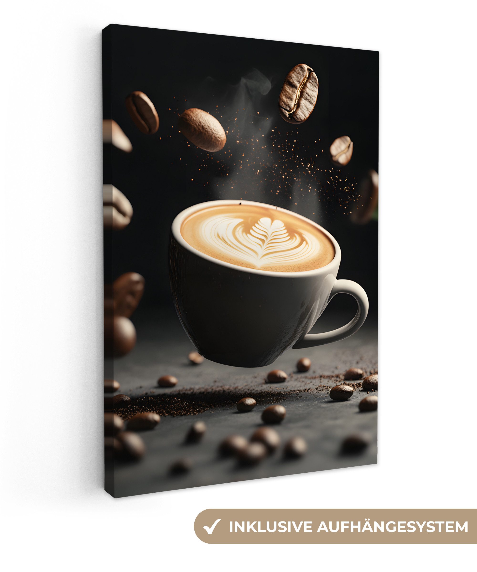 Leinwandbild Cappuccino - Tasse - Bohnen - Braun