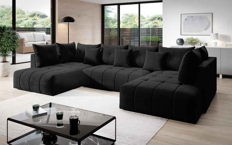 Furnix Wohnlandschaft CALVANI XXL Polstercouch Schlafsofa in U-Form Bettkasten und Kissen, großzügige Abmessungen, hochwertige Materialien