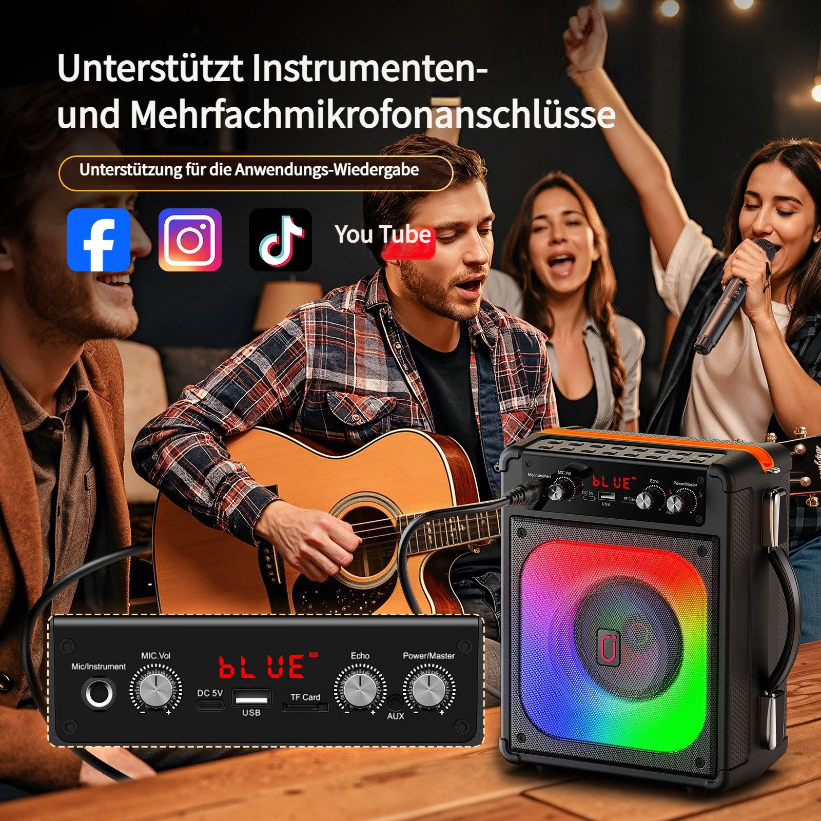 JYX Tragbare Karaoke Anlage mit 2 kabellosen Mikrofonen Bluetooth-Lautsprecher (Bluetooth, mit TWS Stereo, LED Lichteffekten (ohne Tablet) – Bild 2 von 5