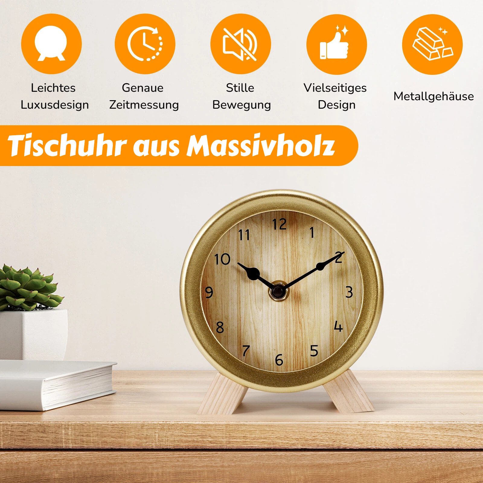 BlingBin Standuhr Analog Tischuhr Rund Aus Holz und Metall - 12,5 x 5,2 x 14cm (1er Set, 1-St., 1 Stück), Deko Tisch Uhr Ohne Ticken mit Holz Ziffernblatt für Schlafzimmer