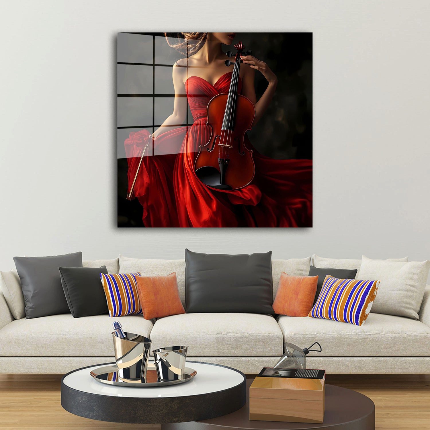 Artedinoi Acrylglasbild Geige Frau Rotes Kleid Acrylglasbild Wandbild Violine Bogen Musik XXL, Frau im roten Abendkleid mit Geige und Bogen