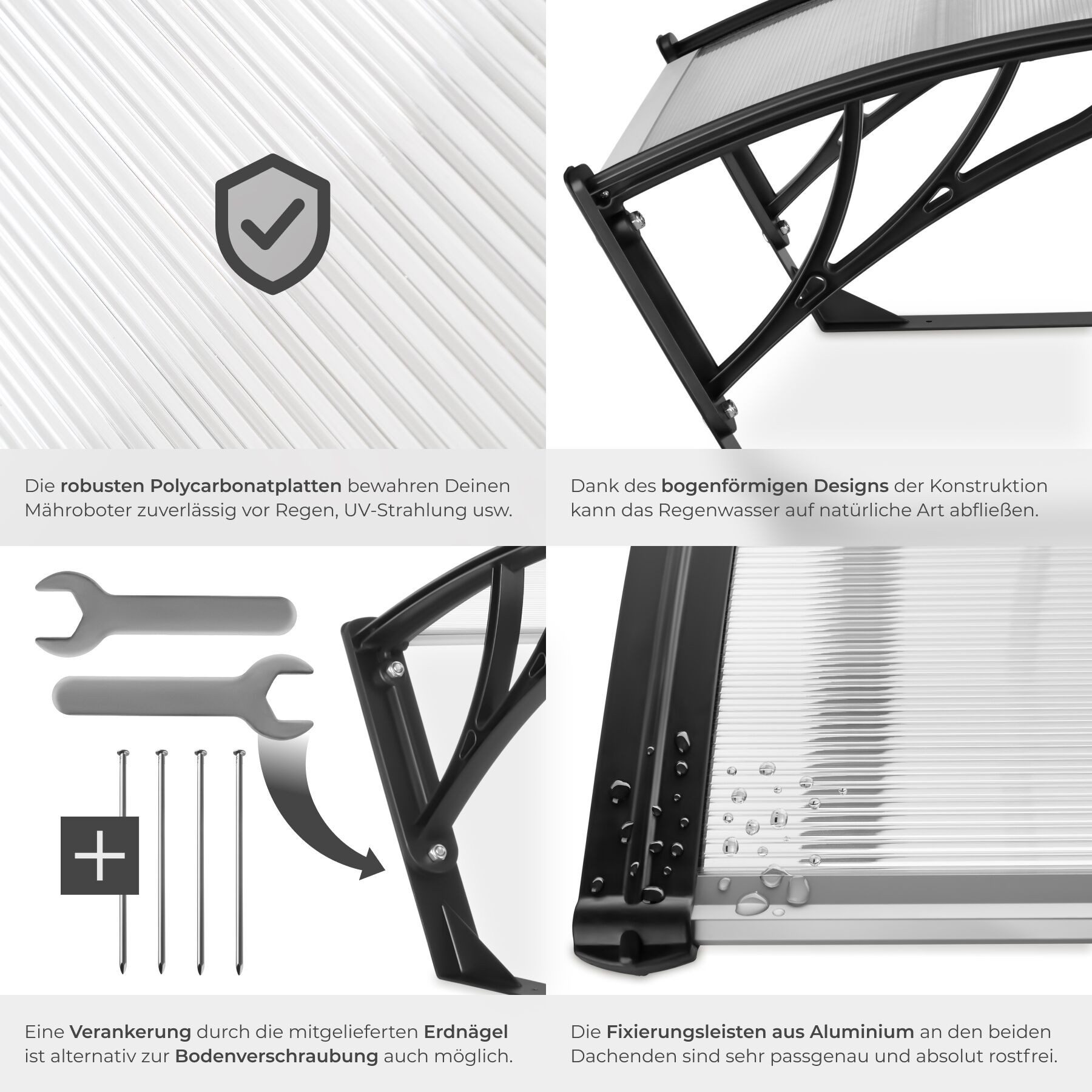 tectake Mähroboter-Garage Rasenmäher-Roboter-Garage Inkl. 4 Erdnägeln, 81 x 100 x 48 cm, für Rasenmäher, (Mähroboter-Unterstand Domus, in transparent), gewölbte – Bild 5 von 5
