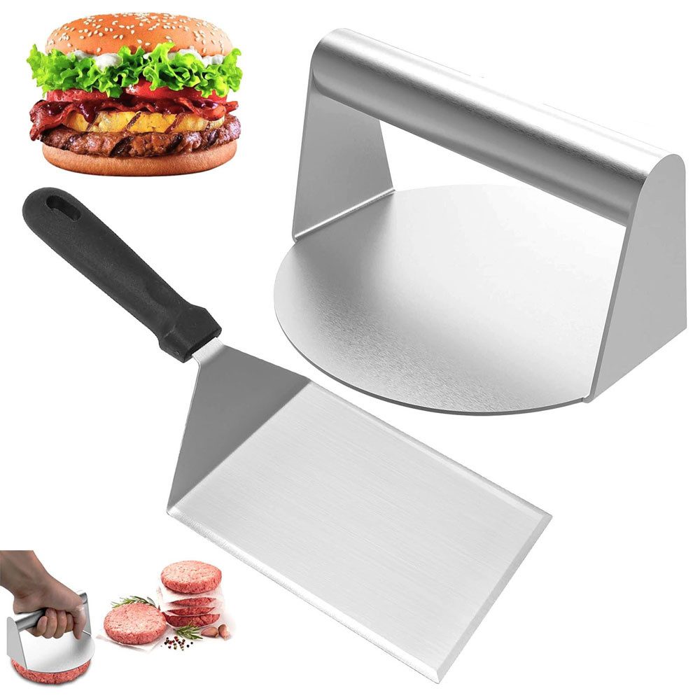 SURFOU Burgerpresse 5,4 Zoll Round Burger Smasher Set mit Grillspachtel – Plancha zubehör (2 St), Edelstahl 304, Einteiliges Design, rostfrei & korrosionsbeständig, spülmaschinenfest