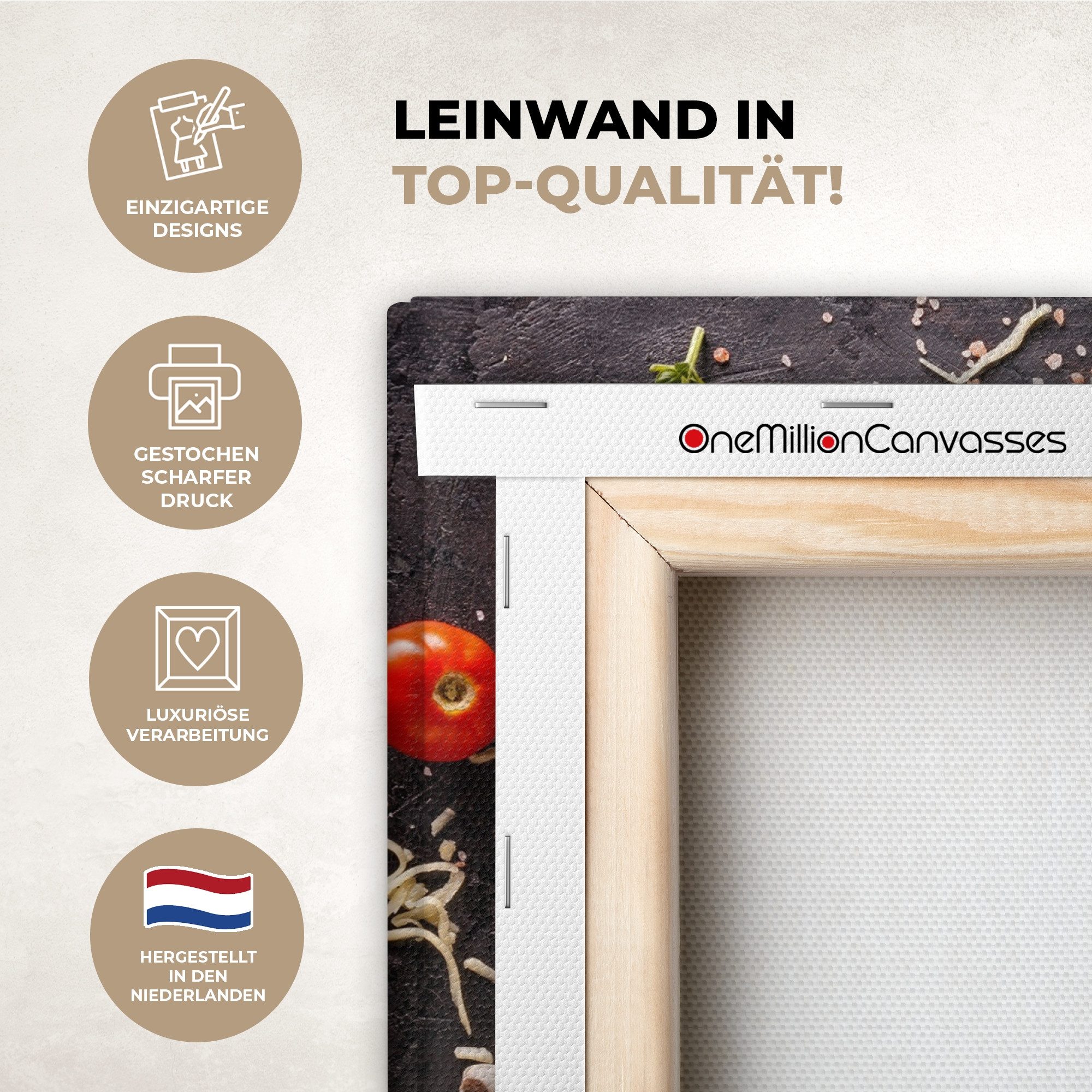 OneMillionCanvasses® Leinwandbild Pizza - Gemüse - Kräuter - Küche - Industrie, Fotodruck (1 St), Wandbilder für Esszimmer, Wanddeko Bilder Küche, 20x20 cm