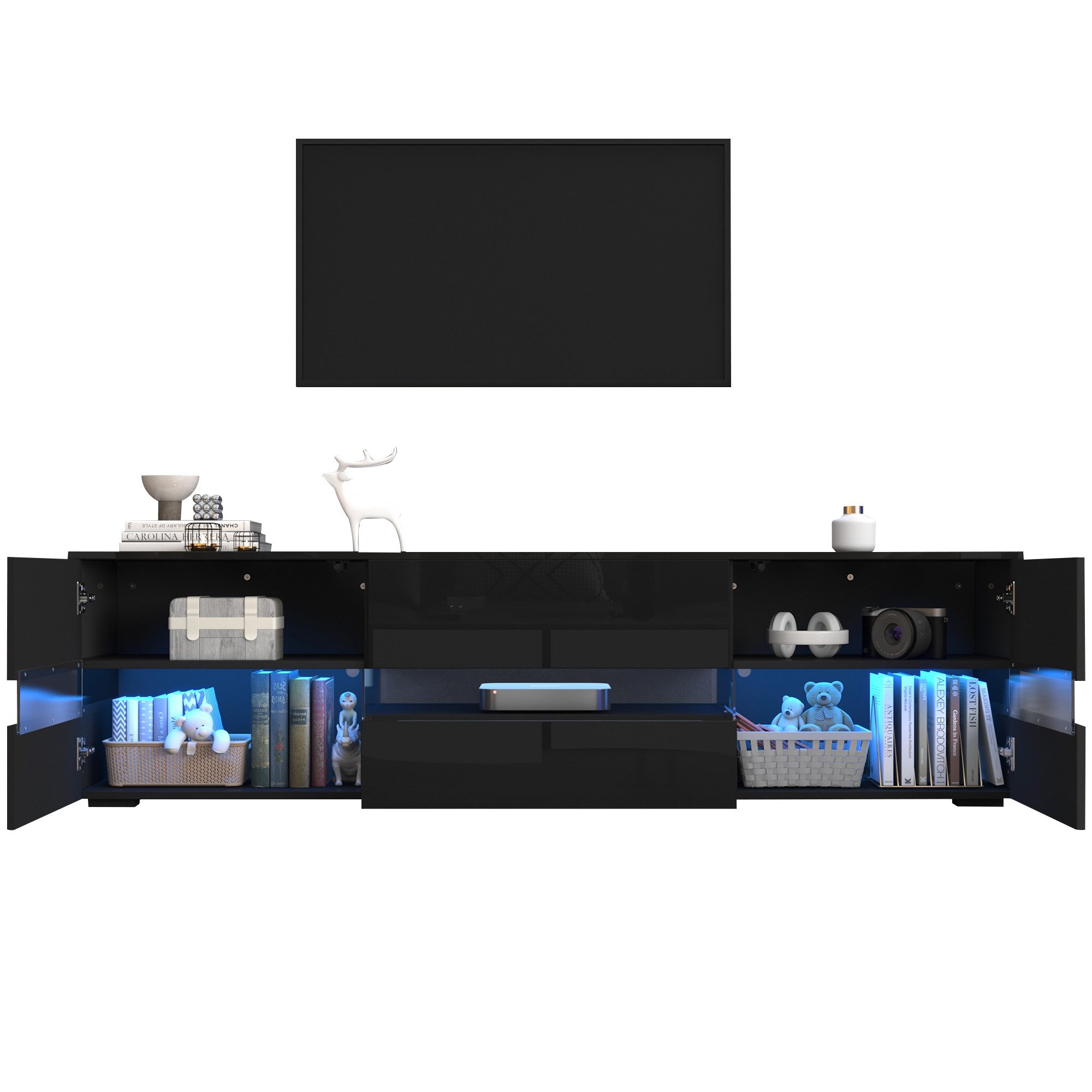 OKWISH Lowboard Fernsehtisch (TV-Ständer, 1 St., 4 Türen, 1 Schublade und offenes Fach), Hochglanz-TV-Schrank mit Acryl-Glaseinsatz und Drucköffnung