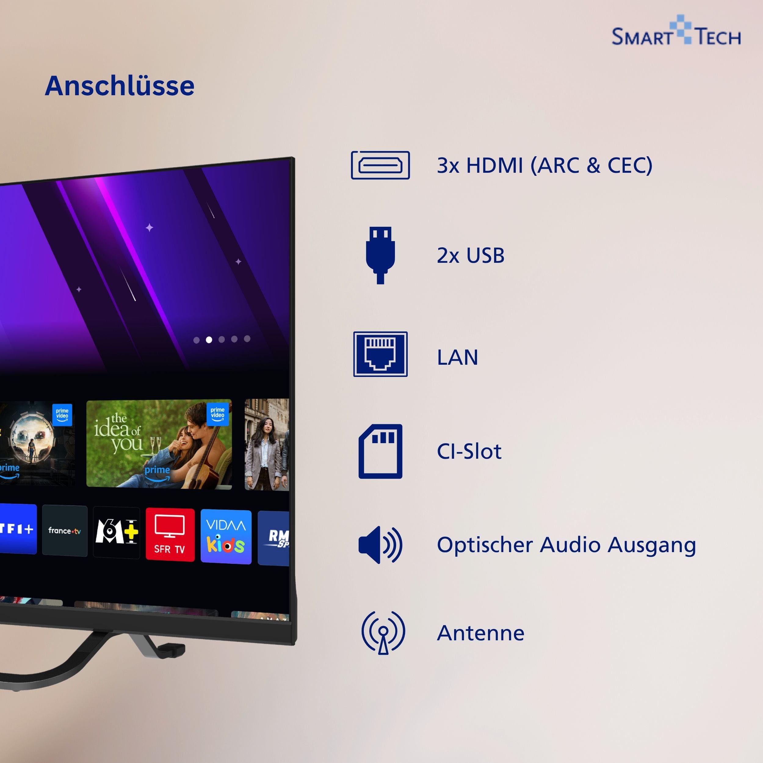 Smart Tech 24QV02VC QLED-Fernseher (60 cm/24 Zoll, HD-ready, VIDAA Smart TV, VIDAA Smart TV, 12 Volt Camping TV, Triple-Tuner)