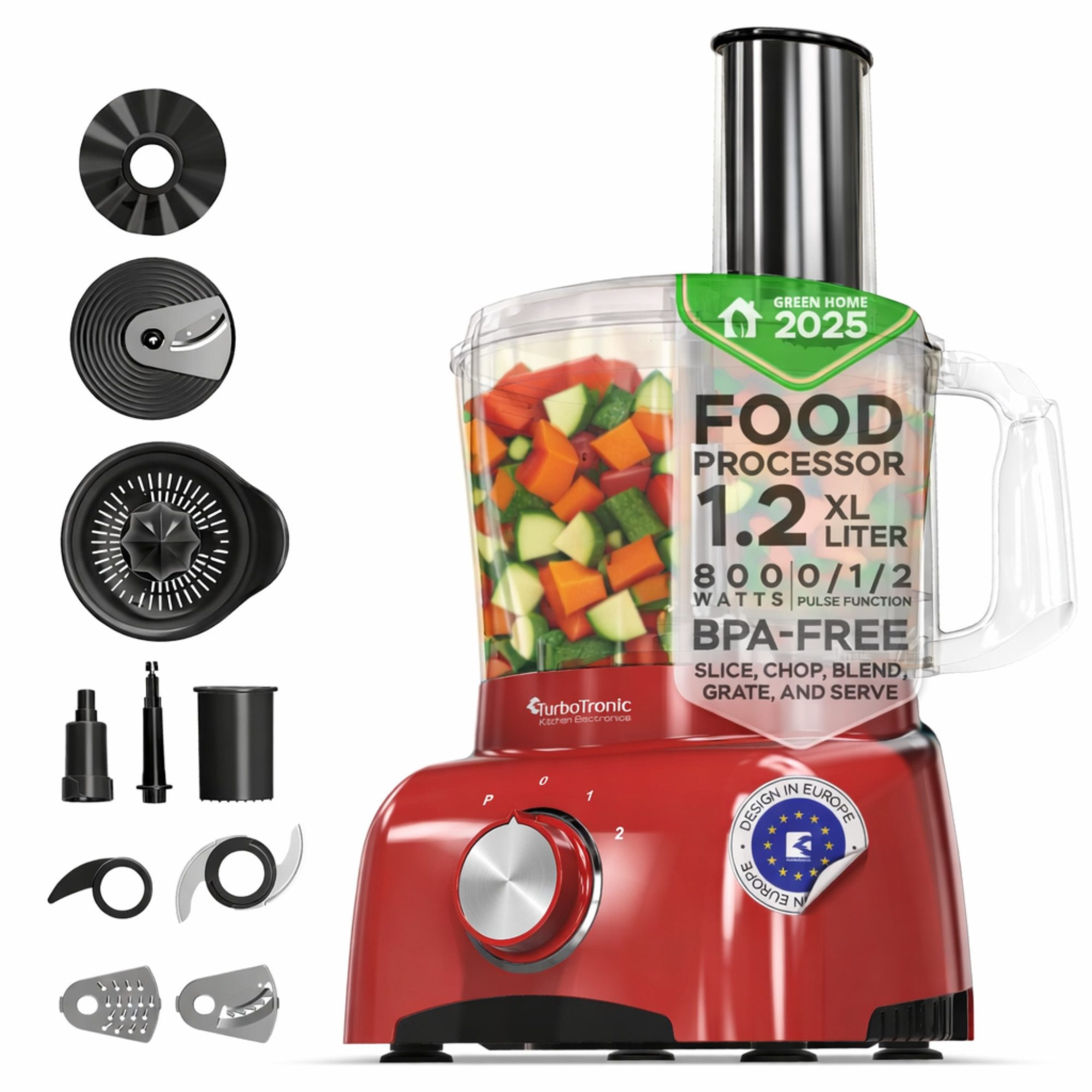 TurboTronic by Z-Line Küchenmaschine Food Processor mit Standmixer 1,5L Behälter Multizerkleinerer Mixer, 800 W, 1.2 l Schüssel, Raspelscheiben Zitruspresse Zerkleinerer Eiscrusher Power