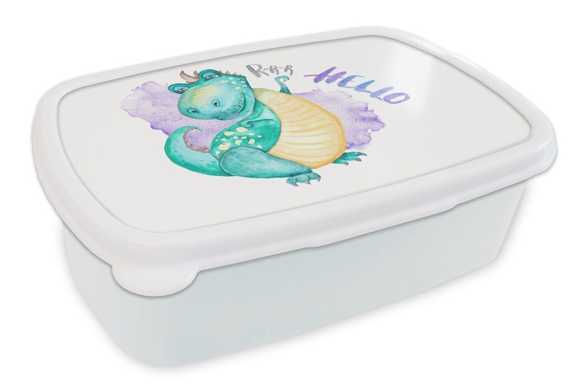 MuchoWow Lunchbox Dinosaurier - Kinderzimmer - Grün - Jungen - Mädchen - Kinder, Kunststoff, (2-tlg), Brotbox für Kinder und Erwachsene, Brotdose, für Jungs und Mädchen weiß