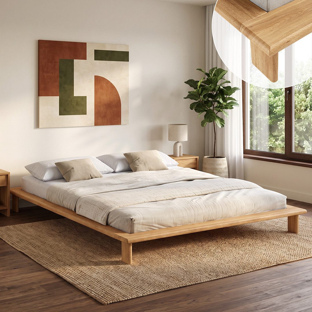 skølm Futonbett Skald aus Massivholz Eiche, Holzbett mit Stauraum (Natur, 126x200 cm), Massivholzbett geölt & lackiert, in 120/140/180x200 cm verfügbar