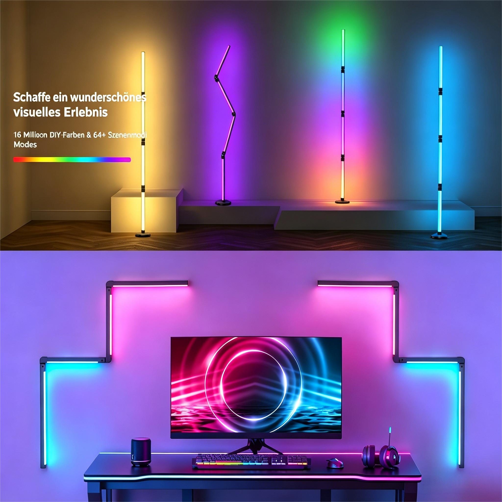 ibettertec LED Stehlampe RGBICWW Stehlampe 145cm Smart LED stehleuchte mit Fernbedienung(APP) , für Wohnzimmer,Schlafzimmer,Party,Spiel,Lesen, Faltbar, WeiBes Licht/Warmes Licht/Naturliches Licht/RGB, Floor Lamp, Musiksynchronisation, DIY-Modus, App/Fernbedienung,Dimmbar,145cm,24W,1000+ Farbmodi,Timer