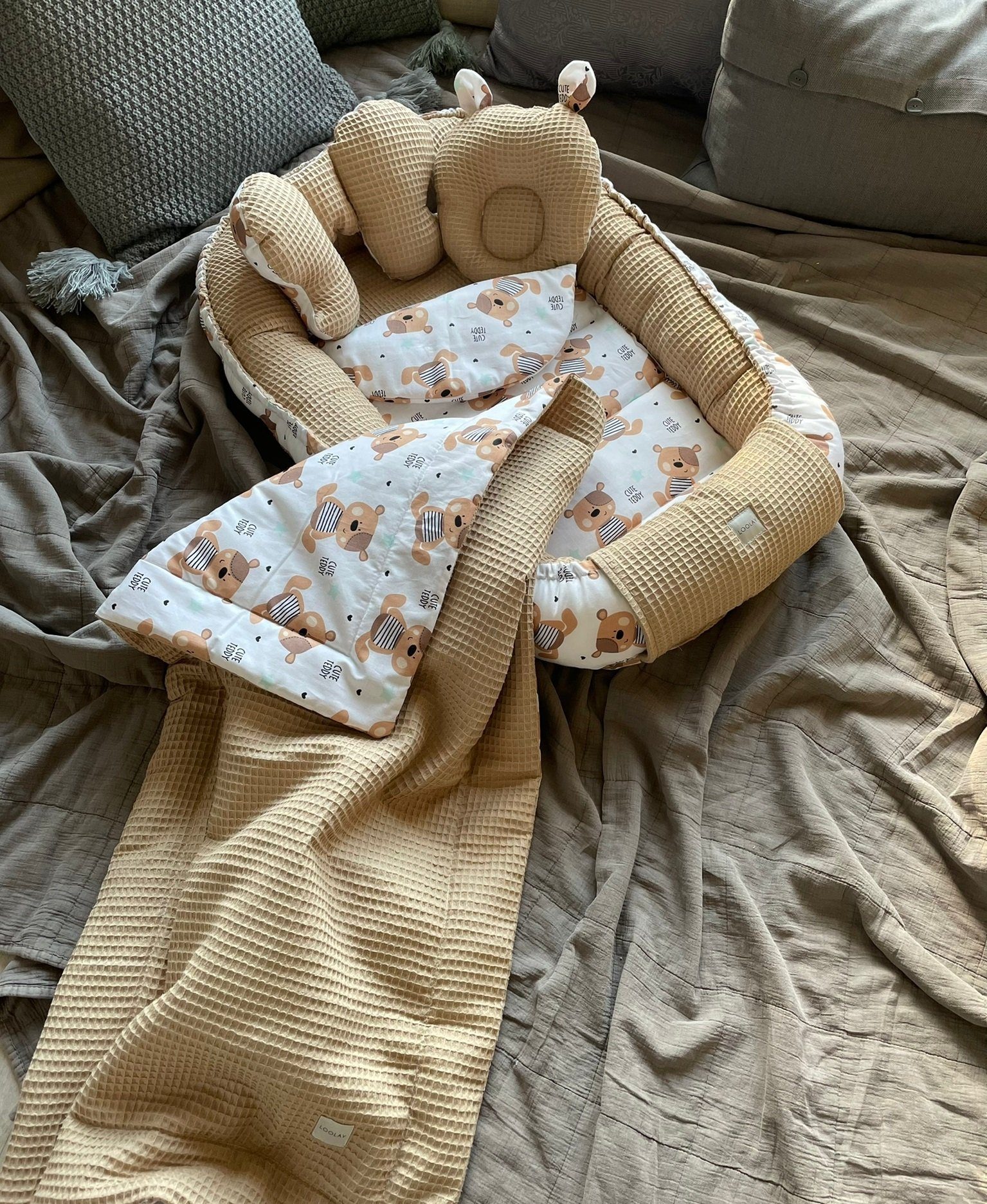 Bettnestchen TAUPE WAFFELPIQUE Braun TEDDY Baumwolle BABYNEST Babykokon Kokon