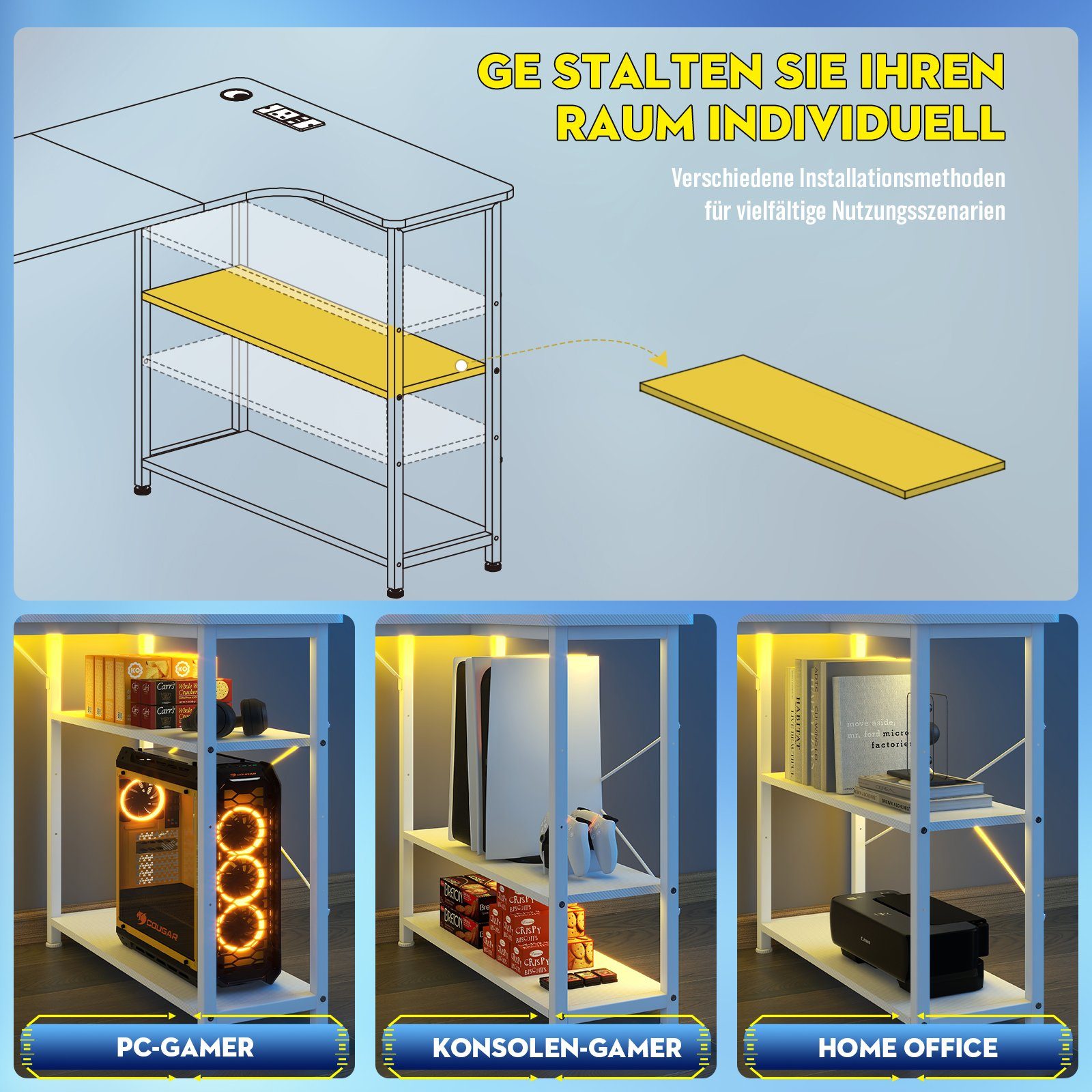 GTPLAYER Schreibtisch Gaming Tisch Eckschreibtisch mit Regal USB-Ladeanschluss und Steckdose (1 Tisch), 120/100cm Computertisch L Form, PC Tisch für Büro, Heimb – Bild 5 von 5