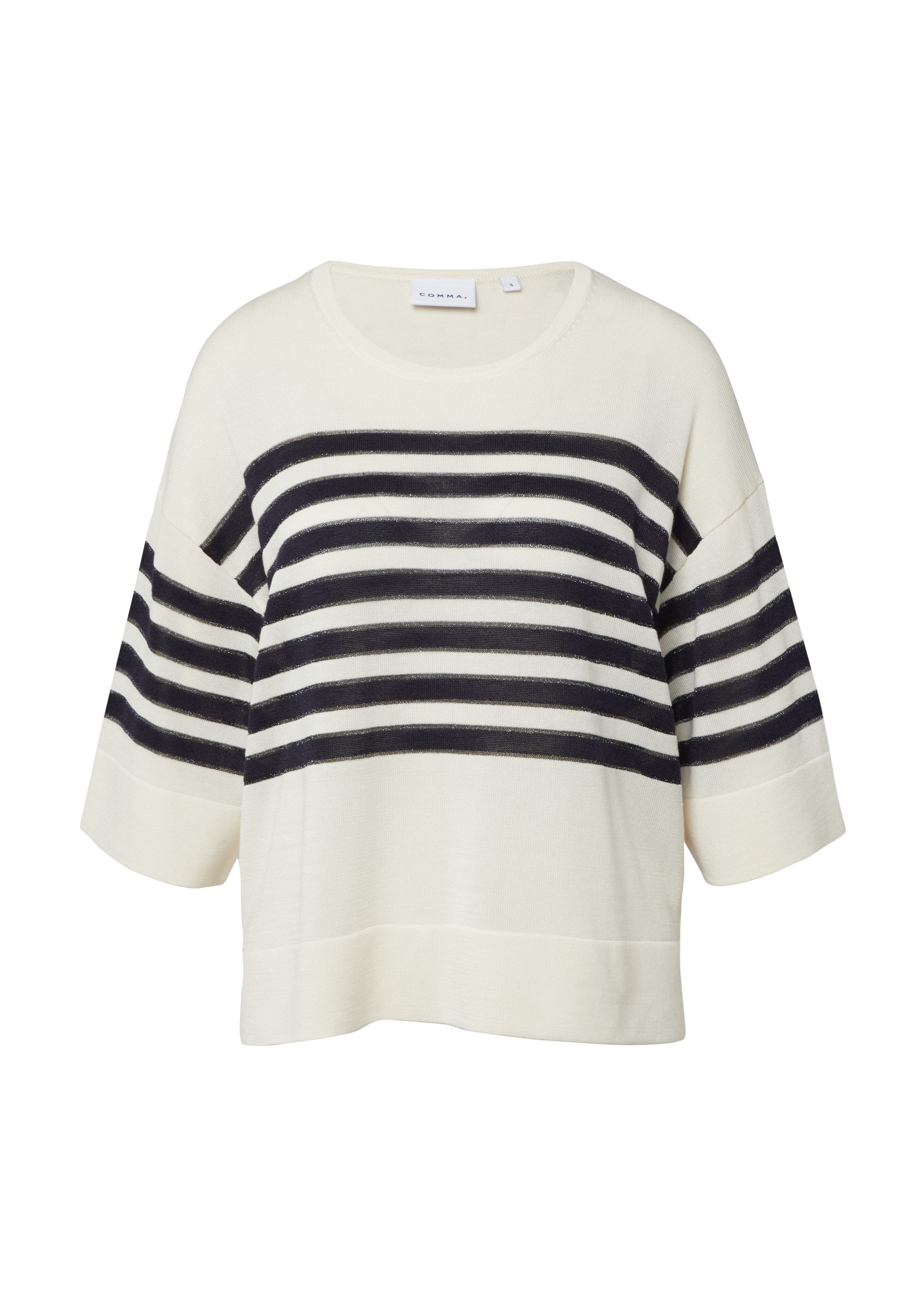 comma Kurzarmpullover Strickpullover Gestreifter Feinstrickpullover mit dezentem Glitzergarn