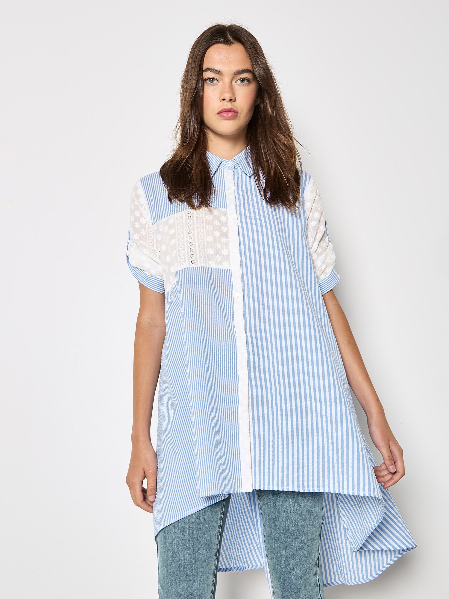 Apricot Hemdbluse Gestreiftes Hemd . mit Stickerei