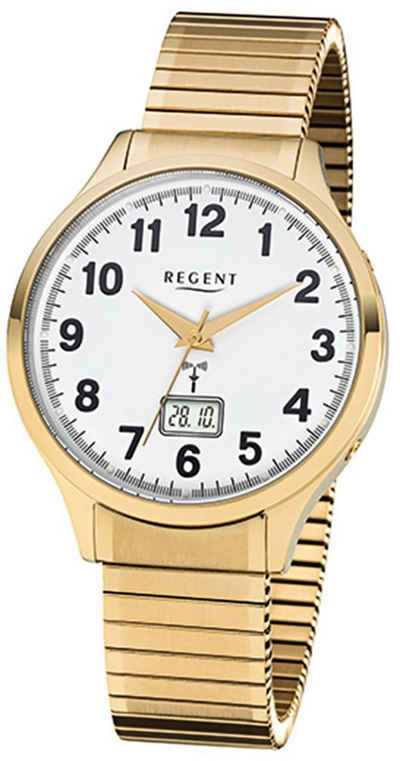 Regent Funkuhr Regent Herren-Armbanduhr gold, (Funkuhr), Herren Funkuhr rund, groß (ca. 40mm), Edelstahlarmband gold