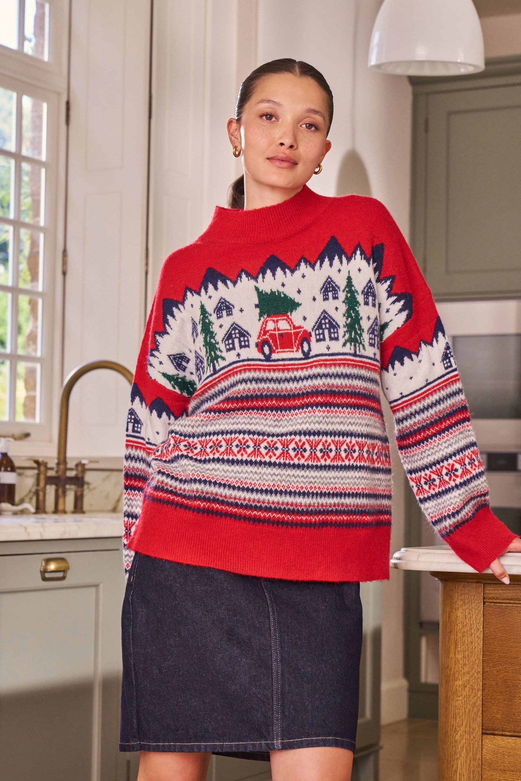 Next Strickpullover Langärmeliger Weihnachtspullover, Kurzgröße (1-tlg)