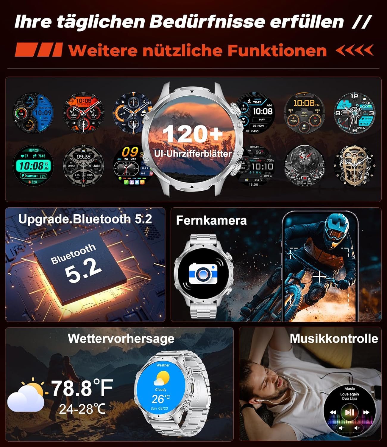 Zevelora Herren Militär 800mAh Akku HD-Display IP68 Wasserdicht Fitness-Tracker Smartwatch (1,85 Zoll, Android/iOS), Fitnessuhr mit SpO2/Herzfrequenz,Schlafmonitor für Android/iOS