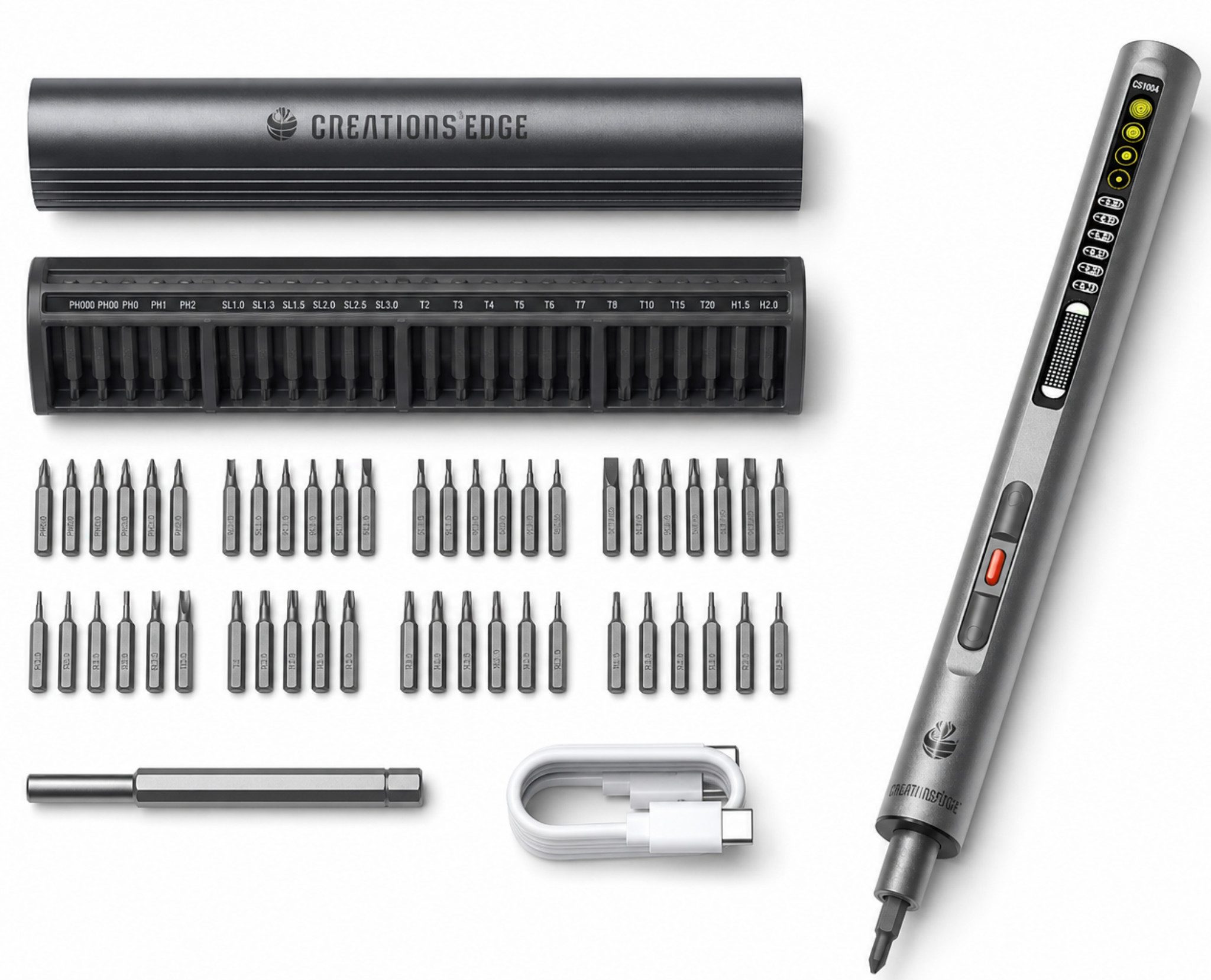 Blossom Elektro-Schraubendreher 52-in-1 Präzisions-Akkuschrauber mit 48 S2 Bits, 6 Drehmomentstufen, 250 U/min, 0,7 Nm, (elektrischer Schraubendreher), LED-Licht & USB-C Ladefunktion für Handy, PC und Elektronik