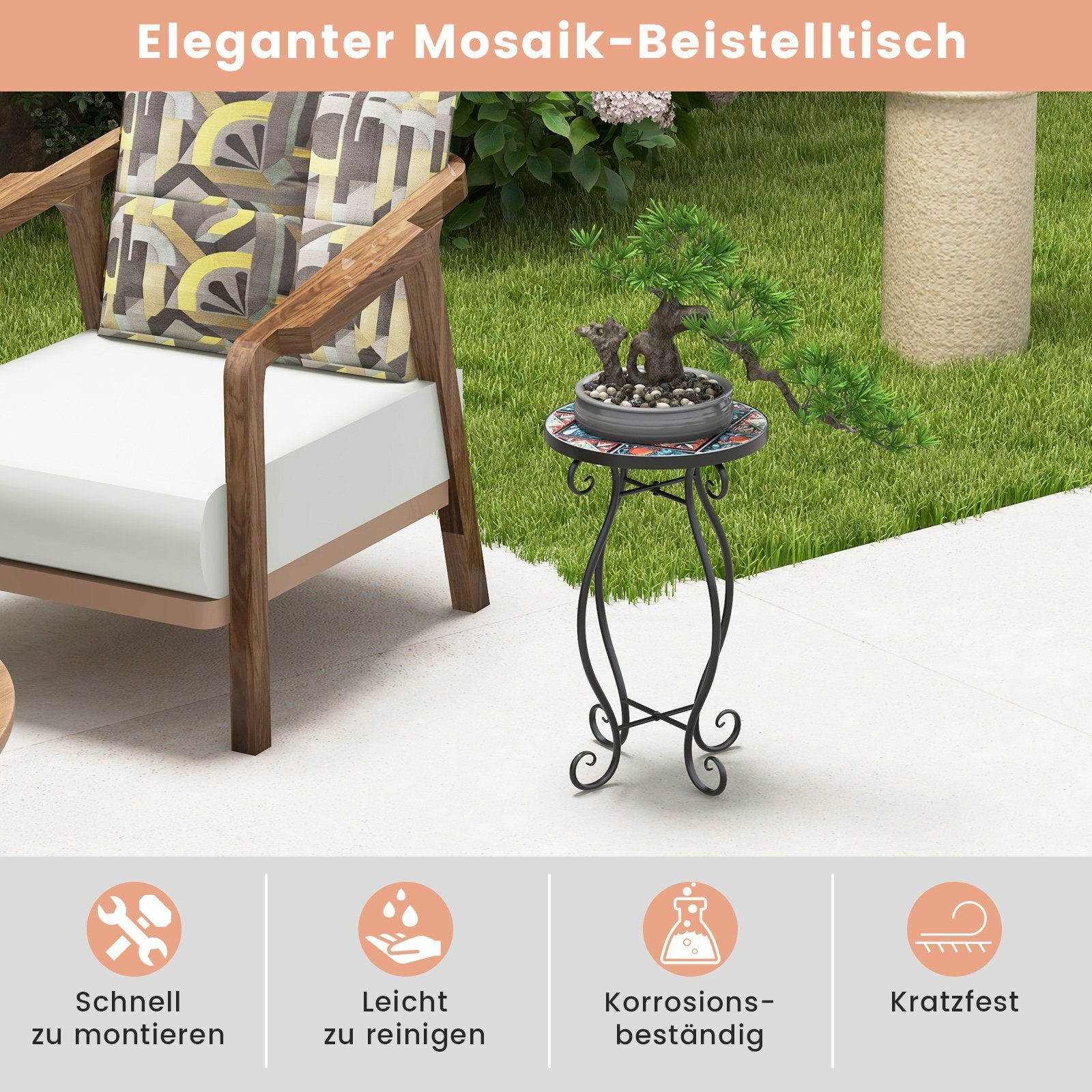 COSTWAY Gartentisch, Mosaiktisch rund aus Metall & Keramik, ∅30x50cm
