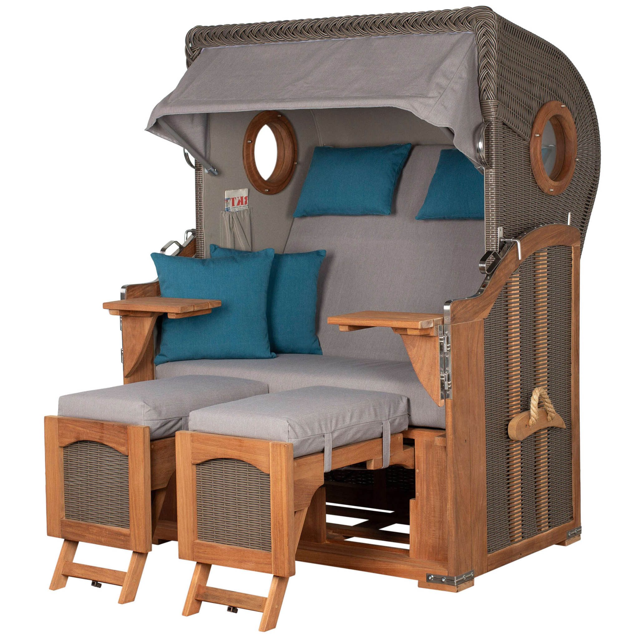 bene living Strandkorb Mellum Akazie - PE braun - Modell 576, BxTxH: 120x80x160 cm, Volllieger, Ostsee-Strandkorb, (Strandkorb-Komplettset, 4-tlg., Strandkorb, Schutzhülle, Doppellenkrollen und Glas-/Becherhalter), 2-Sitzer Volllieger mit Fußstützen und Schwenktischen