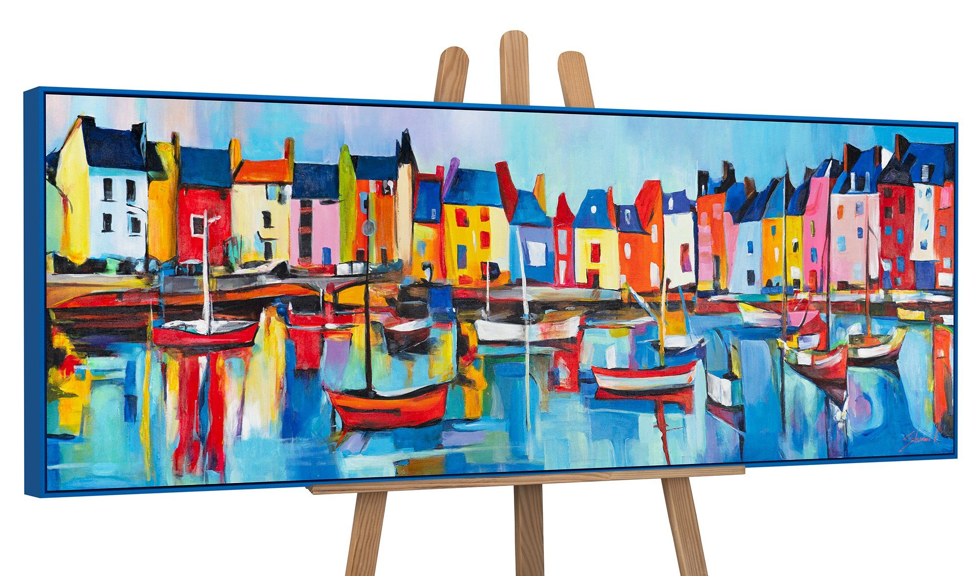 YS-Art Gemälde Lebhafter Hafen, Meer, Segelboote am See mit Häuserlandschaft, Wandbild gerahmt