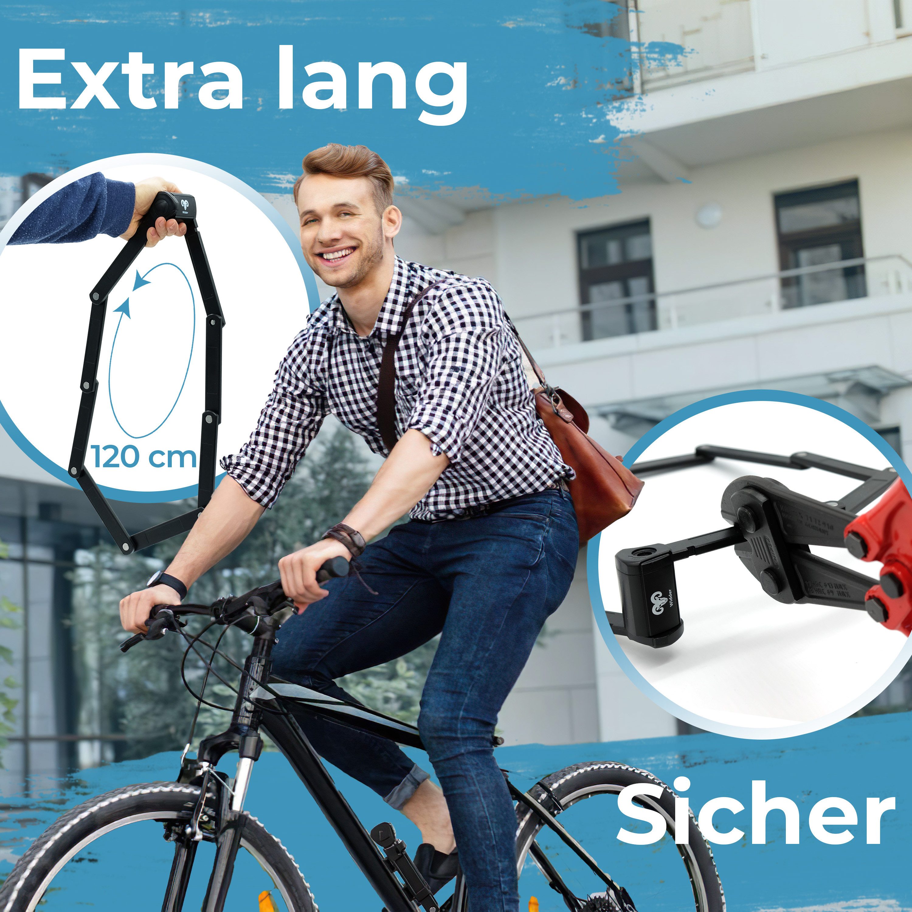 Widder Faltschloss [120cm extra-lang] Fahrradschloss für E-Bike & Fahrrad mit Halterung, 4 Schlüssel • Sicherheitsstufe 15 • Flexible Halterung