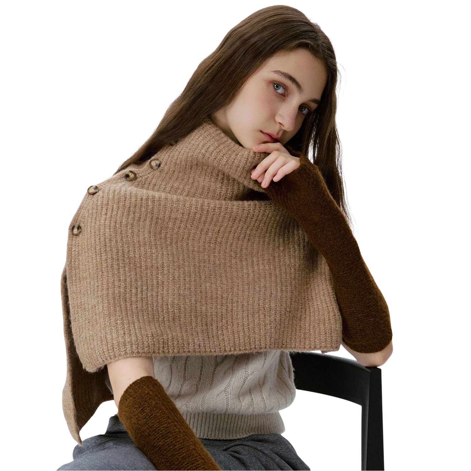 Refttenw Modeschal Weicher Strick Umhang Winterschal- Warme Basics mit Seitlichen Knöpfen