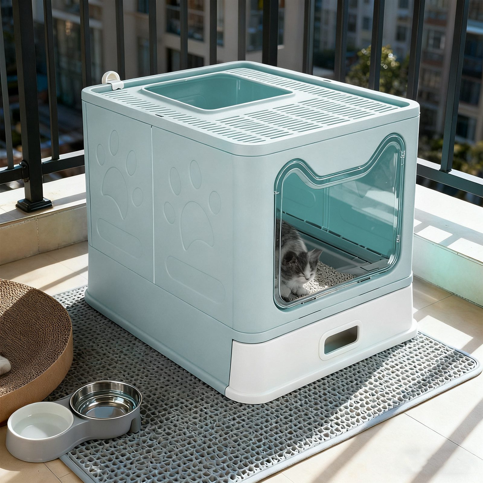 JEOBEST Katzentoilette Geschlossenes Katzenklo mit Dach, Rostfreier Edelstahl-Schublade, Anti-Streu-Design, Katzenklo-Schaufel, für Katzen bis 15kg