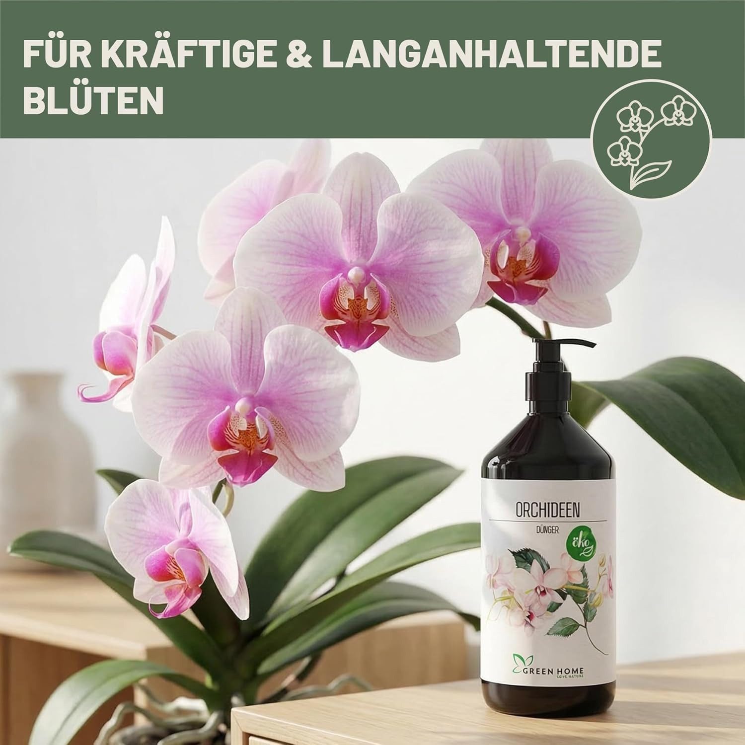 GREEN HOME LOVE NATURE Spezialdünger Orchideendünger flüssig NPK 5+5+7 mit Spurennährstoffen, Orchideen, NPK 5+5+7, Spurennährstoffe, chelatiert, Dosierpumpe