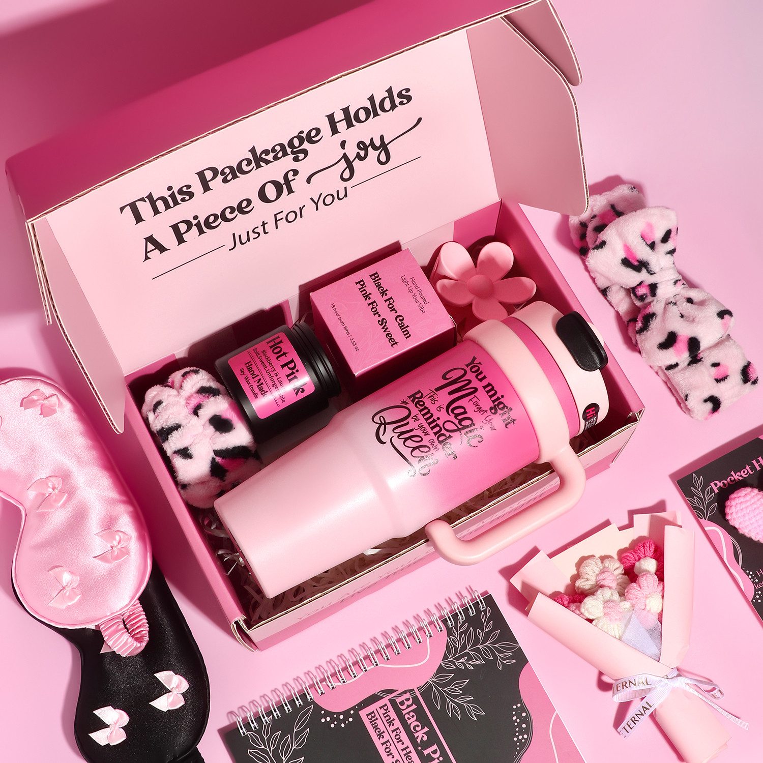 Luckice Pflege-Geschenkbox Geschenkset Damen Premium,Wellness Geschenkbox mit Thermobecher, Duftkerze, Schlafmaske, Notizbuch, Häkelblumen, Haargummis, Haarspange & Grußkarte – Geschenk für Frauen, Freundin, Mutter, Geburtstag, Weihnachten, 11-tlg., Valentinstagsgeschenk,Geburtstagsgeschenk,Weihnachtsgeschenk
