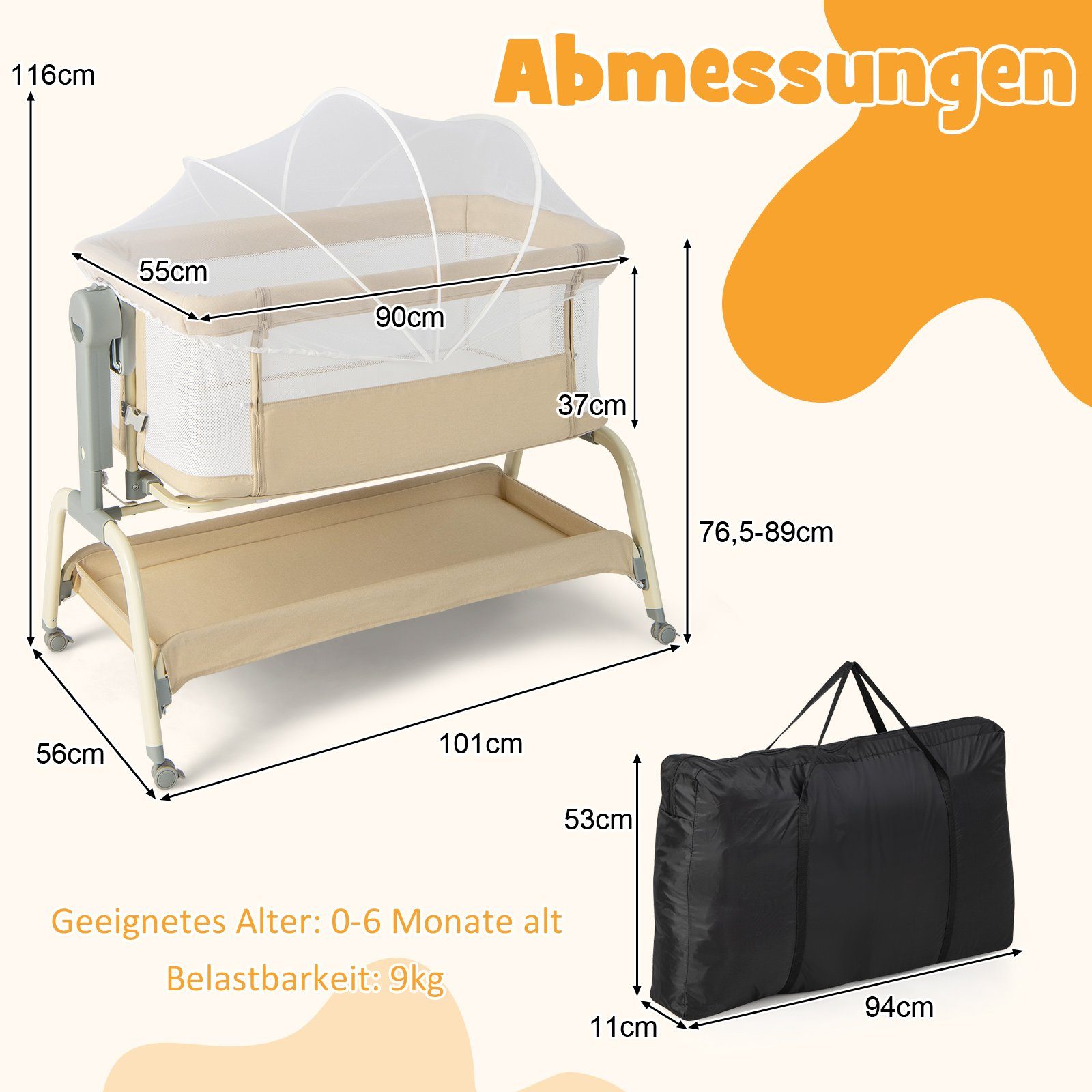 COSTWAY Baby-Reisebett 4 in 1 Beistellbett, 6 fach höhenverstellbar – Bild 3 von 4