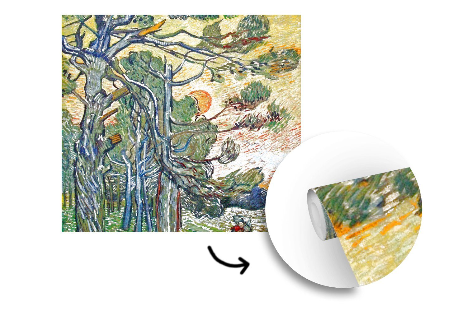 Gogh, Küche, bedruckt, Fototapete Schlafzimmer van bei Fototapete Vincent Vliestapete (4 Sonnenuntergang für Wohnzimmer Tannenbäume MuchoWow - Matt, St),