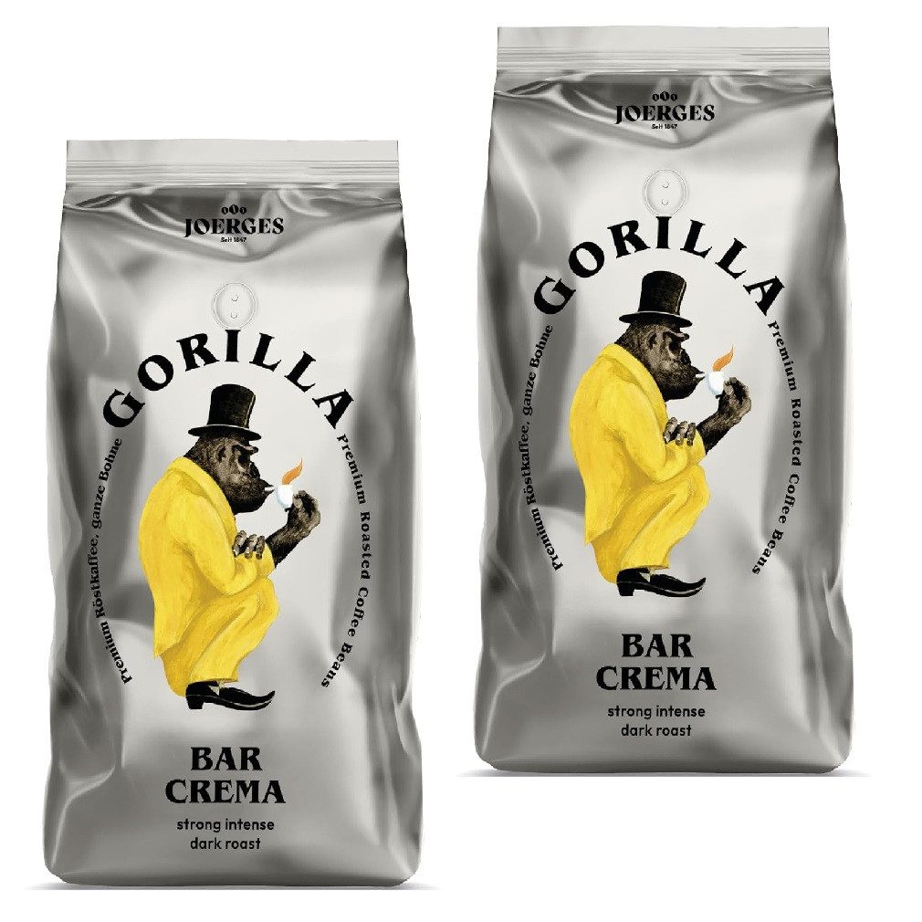 Gorilla Kaffee Joerges Espresso Gorilla Bar Crema ganze Kaffeebohnen, 2 x 1000 g, Hohe Intensität, dunkle Röstung