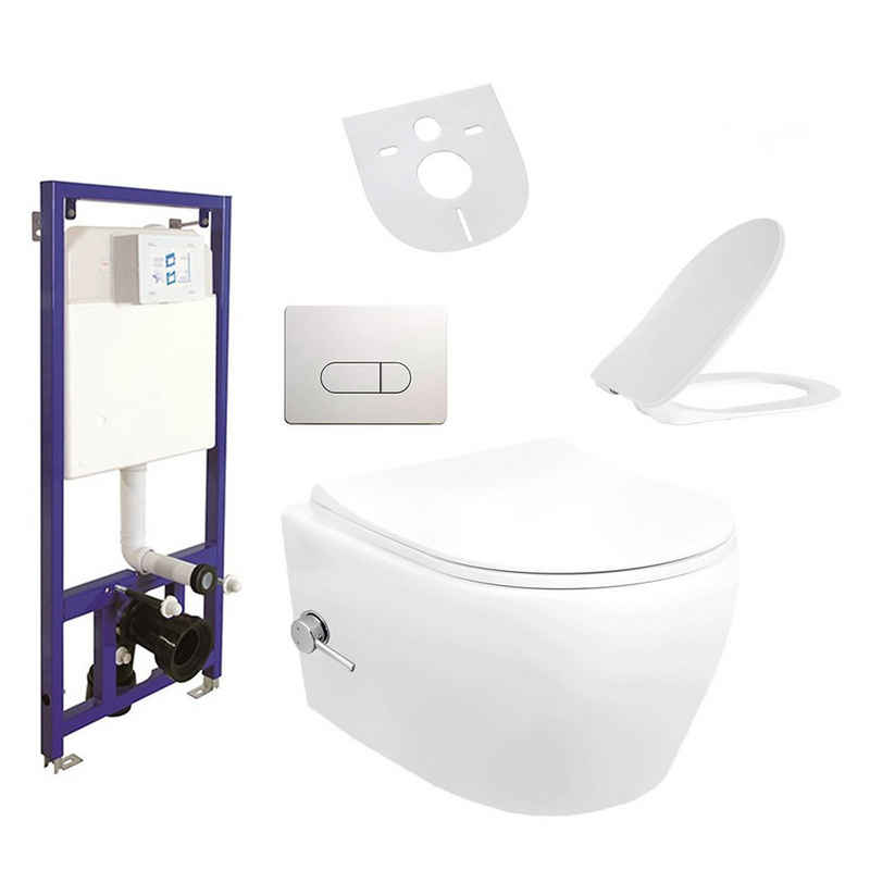 Aloni Tiefspül-WC AL55800Komplett, Hänge WC Spülrandlos Integrierte Kalt/-Warmwasserarmatur Deckel